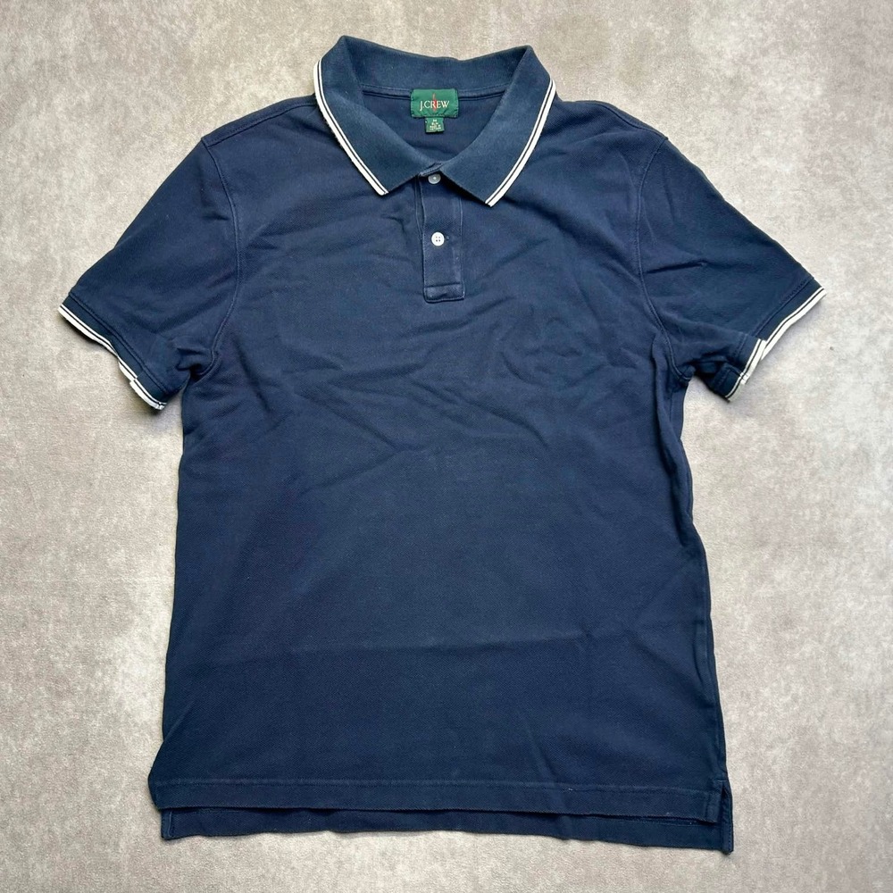 J.Crew Mens Slim Fit Tipped Pique Polo Shirt Navy Blue Short Sleeve Size M
